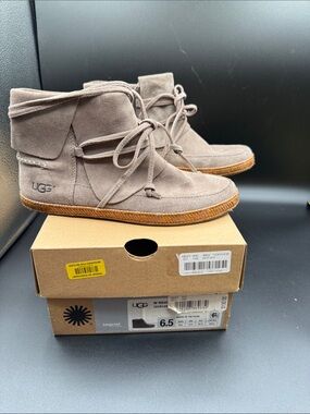 UGG Women's Suede Ankle Booties in Taupe with Lace Wrap